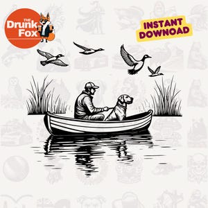 Caça ao pato em SVG com caçador, cachorro e fundo de pôr do sol para amantes de cenas de aves aquáticas