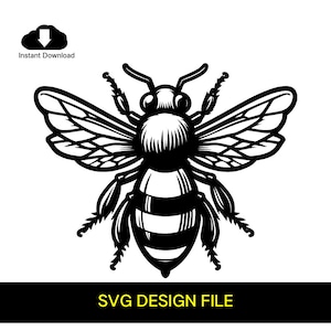 May include: Black and white illustration of a bee with wings spread out. The bee has a striped abdomen and a detailed head.