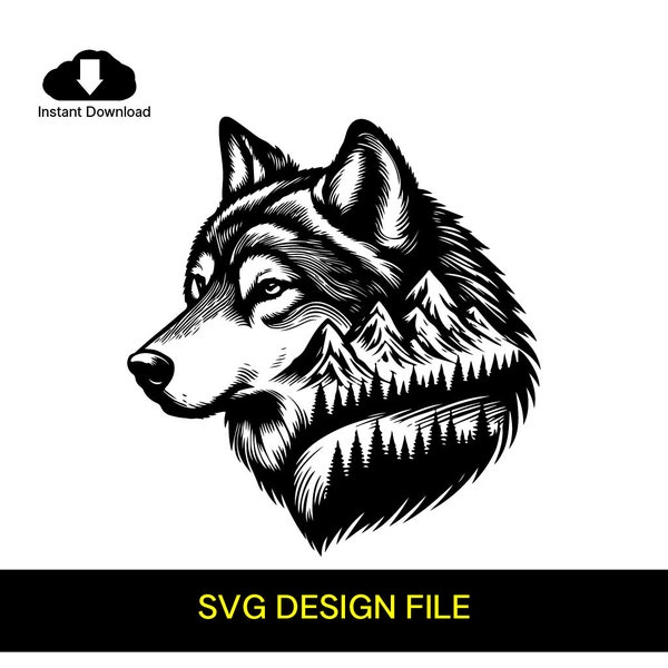 Wolf Head and Landscape SVG, Instant Download  - Background Black and White SVG Vector File for Laser Cutting