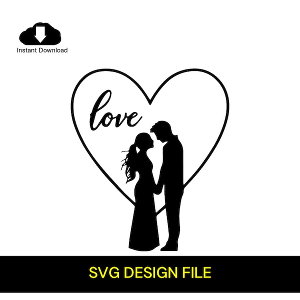Romantic Love SVG Romantic Couple Hearth  Black and White Line Art SVG Vector File for Laser Cutting