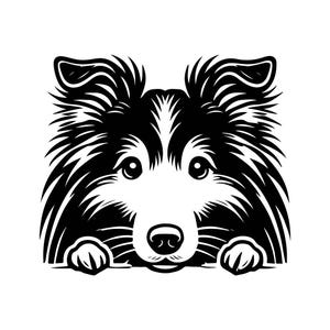 Hund SVG - Peeking Shetland Sheepdog Vektor-Datei für Laserschnitt, schwarz & weiß Design, Handwerksprojekt, Instant Download