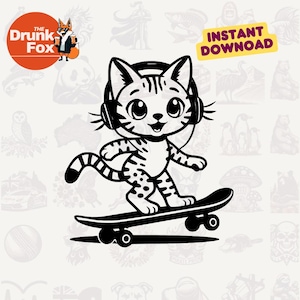 Bengal Cat Skateboard SVG – Funny Sporty Cat with Headphones for Pet Lovers and Cricut Projects