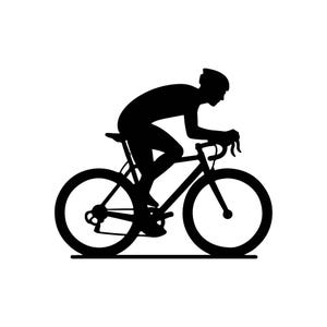 以下が含まれることがあります： 自転車に乗っている人の黒いシルエット。ヘルメットをかぶっており、レースの姿勢をとっています。