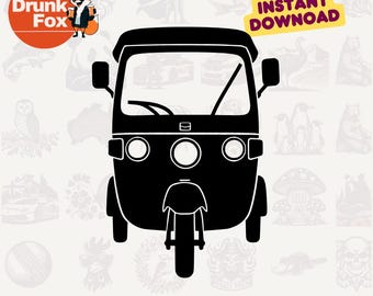 May include: Black silhouette of a three-wheeled auto rickshaw, a common mode of transport in many Asian countries. The image includes the text "INSTANT DOWNLOAD" in a yellow banner. The logo for "The Drunk Fox" is in the upper left corner.