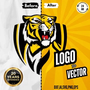 May include: A graphic illustrating a tiger logo transformation, labelled "Before" and "After". The "After" side displays a yellow and black tiger design with "LOGO TO VECTOR". Additional text includes "24 HR", "20 YEARS EXPERIENCE", and file format options.