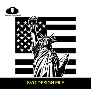 Bandeira americana e Estátua da Liberdade SVG - Arquivo vetorial SVG em preto e branco para corte a laser