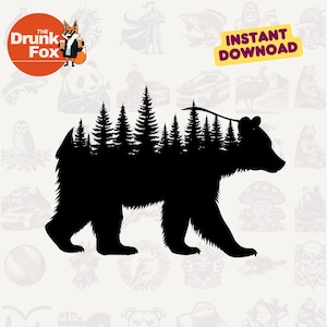 Bear Silhouette Forest Trees SVG – Rustic Animal and Nature Scene for Laser Engraving