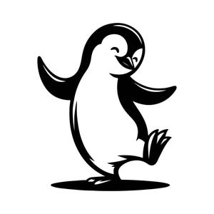 May include: Black and white illustration of a penguin with a smiling face, standing on one leg and raising the other leg in the air.