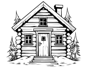 Pode incluir: Uma ilustração em preto e branco de uma cabana de madeira com uma porta, duas janelas e uma chaminé. A cabana é cercada por árvores e neve.