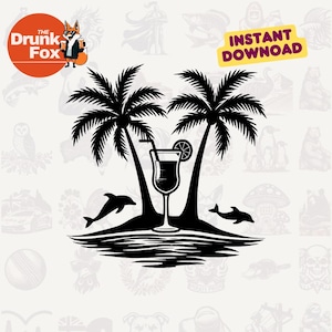 Logo del bar sulla spiaggia SVG – Cocktail tropicale con palma e delfino