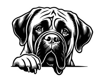 Peut inclure: Illustration en noir et blanc d'une tête de gros chien qui regarde par-dessus une surface, sa patte reposant sur la surface. Le chien a une expression sérieuse et un gros nez ridé.
