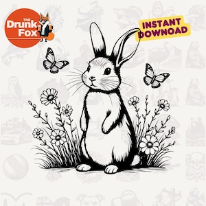 Może przedstawiać: Czarno-biała ilustracja liniowa przedstawiająca królika stojącego na polu kwiatów. Królik patrzy w lewo i ma długie uszy. Wokół królika latają motyle.