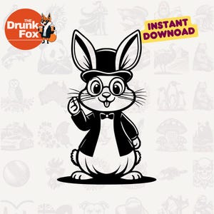May include: A black and white illustration of a rabbit wearing a top hat, bow tie, and glasses. The rabbit is standing on its hind legs and has its front paws raised in a gesture of greeting.