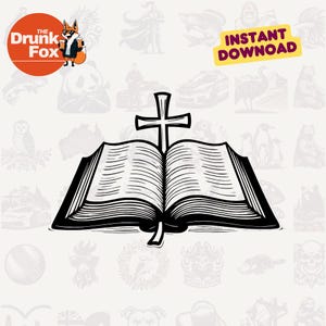 Op de afbeelding: Zwart-wit illustratie van een open boek met een kruis erboven. De pagina's van het boek zijn gedetailleerd met lijnen, en een lint-bladwijzer hangt naar beneden. De afbeelding bevat de tekst "INSTANT DOWNLOAD" en een logo met een vos.
