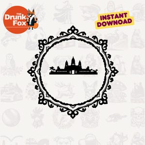 May include: Black silhouette of a building within a decorative circular frame. The image includes the text "INSTANT DOWNLOAD" in a yellow banner. The logo for "The Drunk Fox" is in the upper left corner.