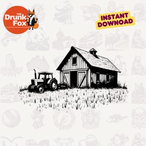 Granero abandonado y tractor SVG - Clipart de escena de granja rural descuidada para proyectos de arte rústico