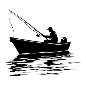 Könnte beinhalten: Silhouette einer Person, die von einem Boot aus angelt. Die Person sitzt im Boot mit einer Angelrute in der Hand. Das Boot bewegt sich durch das Wasser und hinterlässt eine Welle.