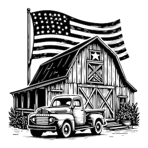 Könnte beinhalten: Schwarzweiß-Illustration eines Oldtimer-Pickups, der vor einer Scheune mit einer im Wind wehenden amerikanischen Flagge geparkt ist. Die Scheune hat einen Stern an der Vorderseite und eine Holztür.