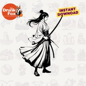 Samurái con kimono y katana SVG - Arte lineal de una fuerte guerrera japonesa