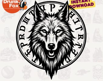Fenrir Norse Wolf SVG with Runes in Circle – Viking Mythology Clipart