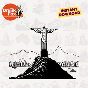 Puede incluir: Ilustración en blanco y negro del Cristo Redentor sobre una montaña, con una vista de la ciudad al fondo. La imagen incluye el texto "INSTANT DOWNLOAD" y un logotipo con un zorro.