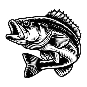 May include: Black and white illustration of a largemouth bass fish with its mouth open. The fish is depicted in a jumping pose, with its tail and fins spread out.