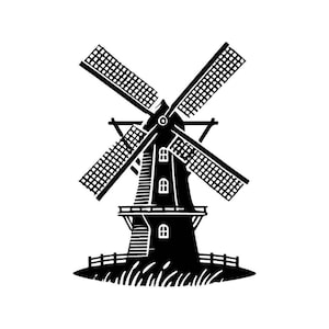 May include: Black and white illustration of a traditional windmill with four blades. The windmill is set against a white background.