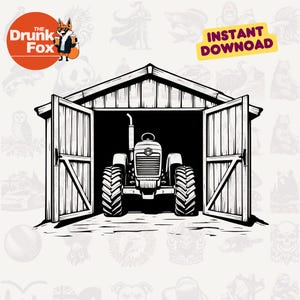 Open staldeuren met geparkeerde tractor SVG - Clipart boerderijleven voor rustiek decor en gravure