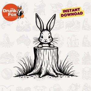 Peut inclure: Un dessin au trait noir et blanc d'un lapin qui regarde par-dessus un tronc d'arbre. Le lapin a de longues oreilles et une queue touffue. Le tronc d'arbre est entouré d'herbe.