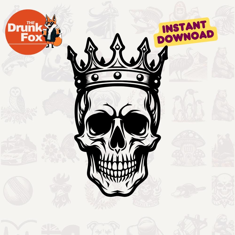 Crowned Skull SVG – Skull With Crown and Lightning Tattoo Style