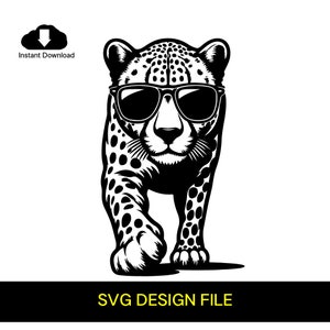 May include: Black and white illustration of a cheetah wearing sunglasses. The cheetah is walking forward with its head held high.