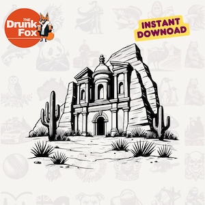 Tesoro di Petra con piante del deserto SVG – Clipart di un punto di riferimento giordano per decorazioni e adesivi culturali