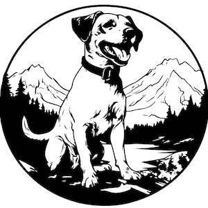 May include: Black and white illustration of a dog sitting in front of a mountain landscape. The dog is looking to the right and has its mouth open. The dog is wearing a collar.