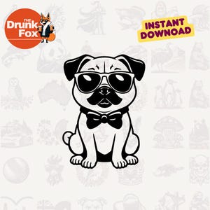 pug, sunglasses, bowtie, dog, cute, funny, svg, clipart, pet, animal, summer, cartoon, puppy