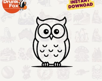 May include: A black and white line drawing of an owl with large eyes and curved markings on its chest. The image includes the text "INSTANT DOWNLOAD" in a yellow banner.