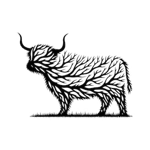 Art mural SVG - fichier vectoriel noir et blanc vache Highland pour découpe laser - décoration en téléchargement numérique, art de la ferme, décoration de la maison