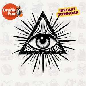Può includere: Grafica in bianco e nero di un occhio all'interno di un triangolo, circondato da raggi. L'immagine include il testo "INSTANT DOWNLOAD" in un banner giallo e un logo con una volpe che tiene una birra.
