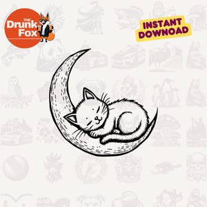 Kitten Moon SVG – Slaperige babykat rustend op wassende maan schattige dieren-SVG
