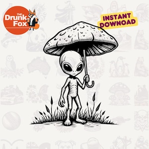 Alien segurando cogumelo SVG – Desenho animado de céu de guarda-chuva alucinante e divertido