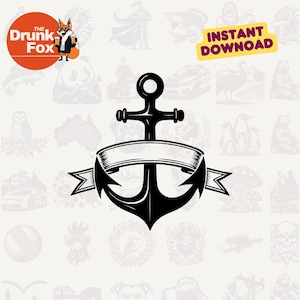 Puede incluir: Ilustración de ancla negra con una pancarta para texto. La imagen incluye un logotipo de "The Drunk Fox" y las palabras "Instant Download". El ancla es un elemento de diseño náutico.