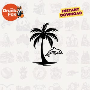 Logotipo minimalista de golfinho e palmeira SVG – Line Art Tropical