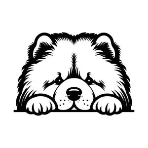 May include: Black and white illustration of a Chow Chow dog peeking over a horizontal line. The dog's face is detailed with fur, eyes, nose, and paws. The design is a simple, graphic representation of the breed.