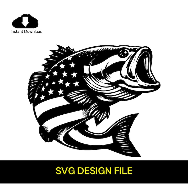 American Flag on Bass Fish Body Background Black and White SVG Vector File for Laser Cutting