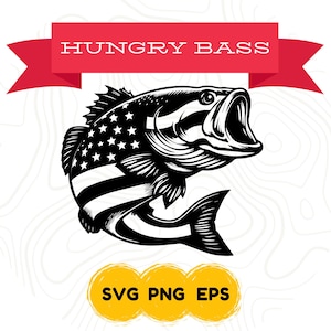 Pode incluir: Silhueta preta e branca de um peixe de baixo com um padrão de bandeira americana. O peixe está saltando para fora da água com a boca aberta. O texto "HUNGRY BASS" está acima do peixe.