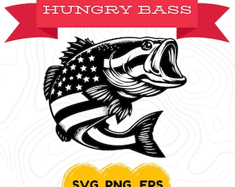 Fishing SVG American Flag on Bass Fish Body | Laser Cut Vector File | Black & White Design for Crafts