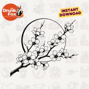 Clipart SVG de luna y flor de cerezo / Vector de rama de sakura nocturna / Arte digital para máquinas de corte
