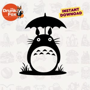 May include: Black and white silhouette of a Totoro character from the movie My Neighbor Totoro, holding an umbrella. The character is standing on a grassy patch.