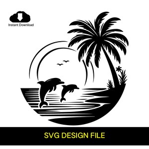 Delphin Strand Sonnenuntergang Palmen SVG Schnitt - Hintergrund Schwarz Weiß SVG Vektordatei für Laserschneiden