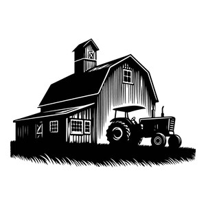 May include: Black and white illustration of a barn with a tractor parked in front of it. The barn has a large, open door and a small window. The tractor has a large, round tire and a smaller, round tire. The barn and tractor are set against a white background.