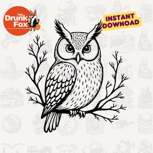 Hibou perché sur une branche SVG avec des plumes formées par des brindilles et des vignes pour les amoureux de la nature et l'art des oiseaux